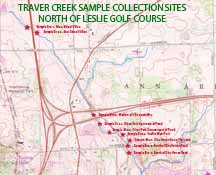 USGS Map showing Traver Creek Sample Collection Sites North of Leslie Golf Course.